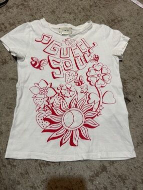 Gucci Kids White Tee with Red Floral & Sun Graphic